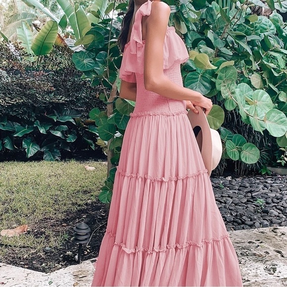 NEW- Lulu's Like a Fairy Tale Dusty Pink Smocked Tie-Strap Tiered Maxi Dress MD - Picture 9 of 16